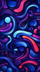 Sharp 4K mobile wallpaper featuring vibrant neon liquid waves and curvy 3D abstract shapes in blue, purple, and pink.
