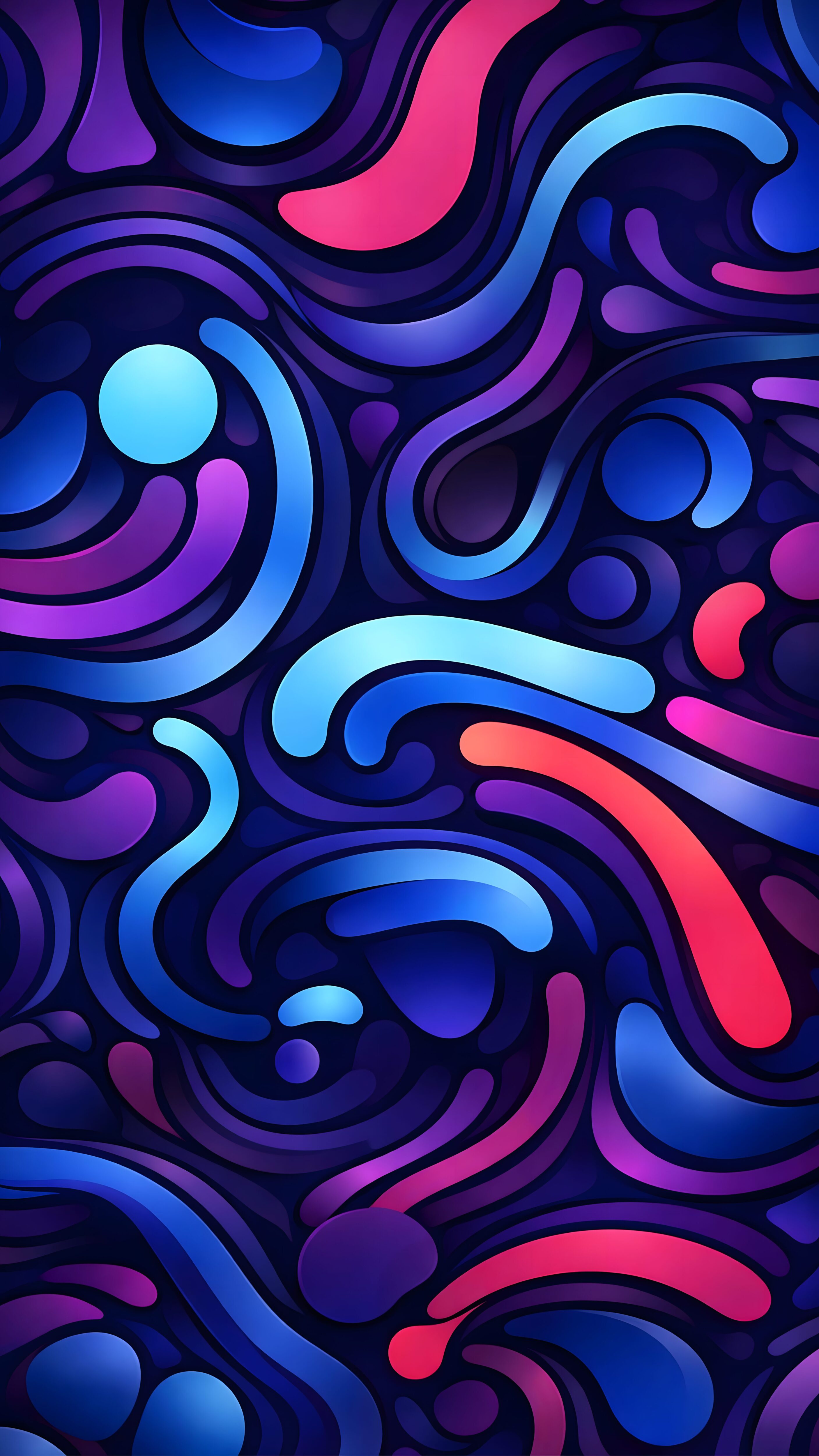 Sharp 4K mobile wallpaper featuring vibrant neon liquid waves and curvy 3D abstract shapes in blue, purple, and pink.