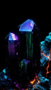 Neon Obsidian Crystal Wallpaper 4K, dark glowing gemstone digital art with neon purple and cyan internal reflections resting on glowing magma rocks.
