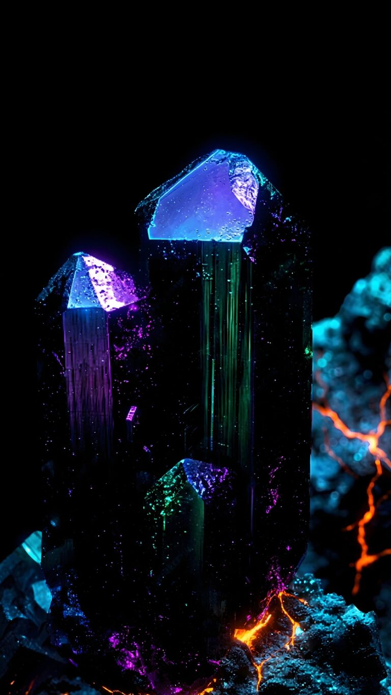 Highly detailed digital render of dark obsidian crystals with glowing neon blue and green iridescent highlights against a pitch black background aesthetic 4K ultra HD mobile wallpaper