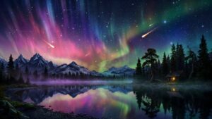 Download free 4K desktop wallpaper of stunning Northern Lights aurora borealis glowing over a calm lake, perfectly reflecting snowy mountains, dark pine trees, and a cozy cabin at night.