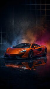 Download free 4K mobile wallpaper of a stunning orange McLaren supercar parked on a wet surface with a clear reflection, surrounded by moody blue and red smoke against a dark grid background