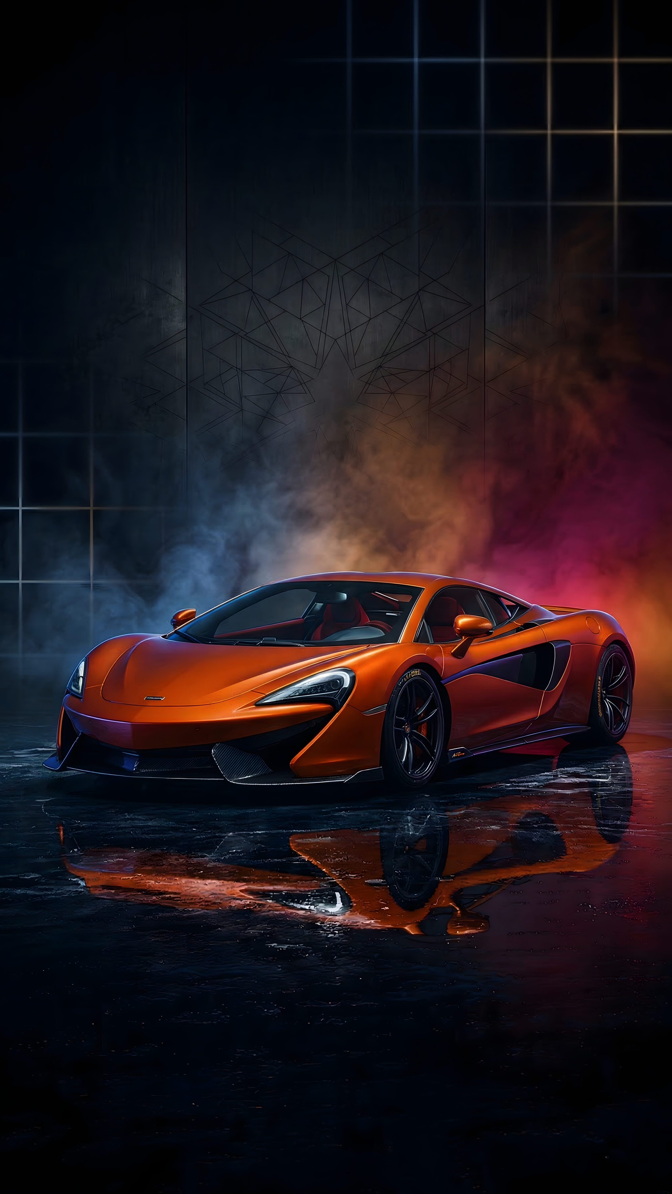Download free 4K mobile wallpaper of a stunning orange McLaren supercar parked on a wet surface with a clear reflection, surrounded by moody blue and red smoke against a dark grid background