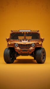 Download free 4K mobile wallpaper of a rugged orange off-road SUV with massive all-terrain tires, LED roof lights, and an aggressive front grille against a solid mustard orange background.