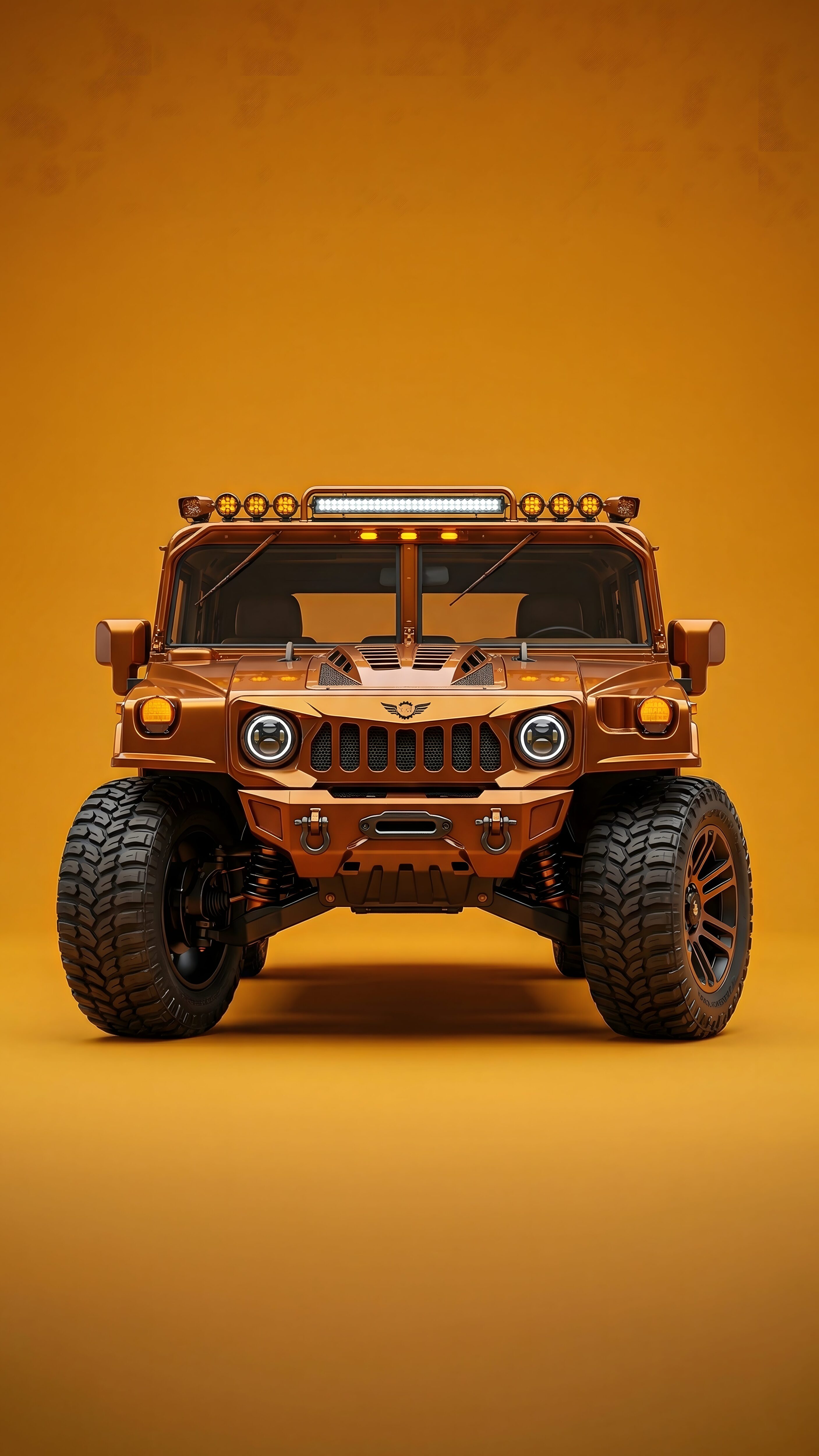 Download free 4K mobile wallpaper of a rugged orange off-road SUV with massive all-terrain tires, LED roof lights, and an aggressive front grille against a solid mustard orange background.