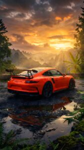 Highly detailed 4K wallpaper featuring a bright orange Porsche GT3 sports car parked on a wet mountain road with puddle reflections, surrounded by a lush tropical forest under a glowing golden sunset.