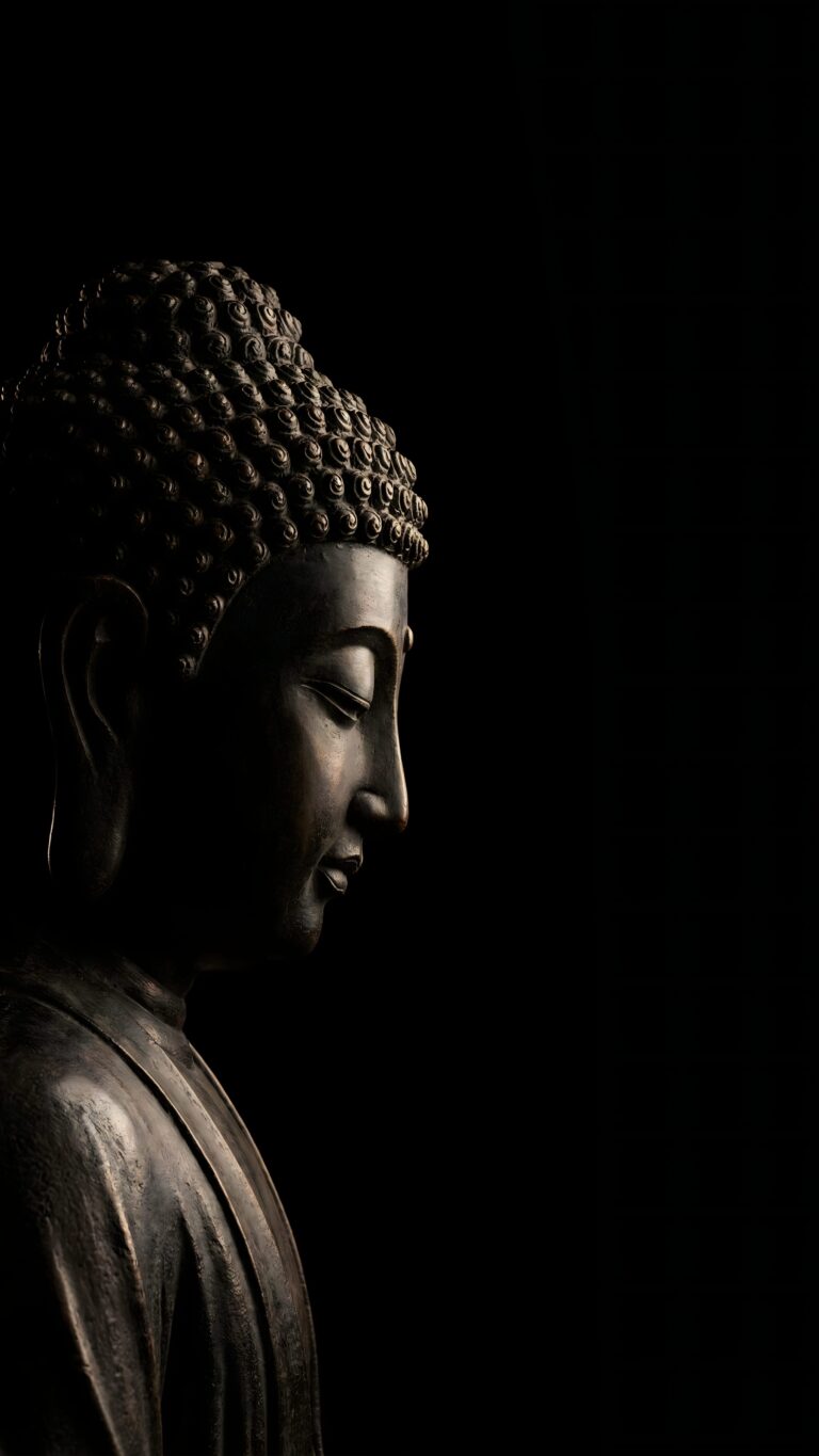 Highly detailed 4K wallpaper featuring a serene side profile of a Buddha statue illuminated by soft dramatic light against a pure black background, perfect for a calm and minimalist AMOLED phone screen.