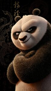 Download free 4K mobile wallpaper of Po from Kung Fu Panda with a confident smirk, featuring gold Chinese calligraphy and dragon art on a pitch-black AMOLED background.
