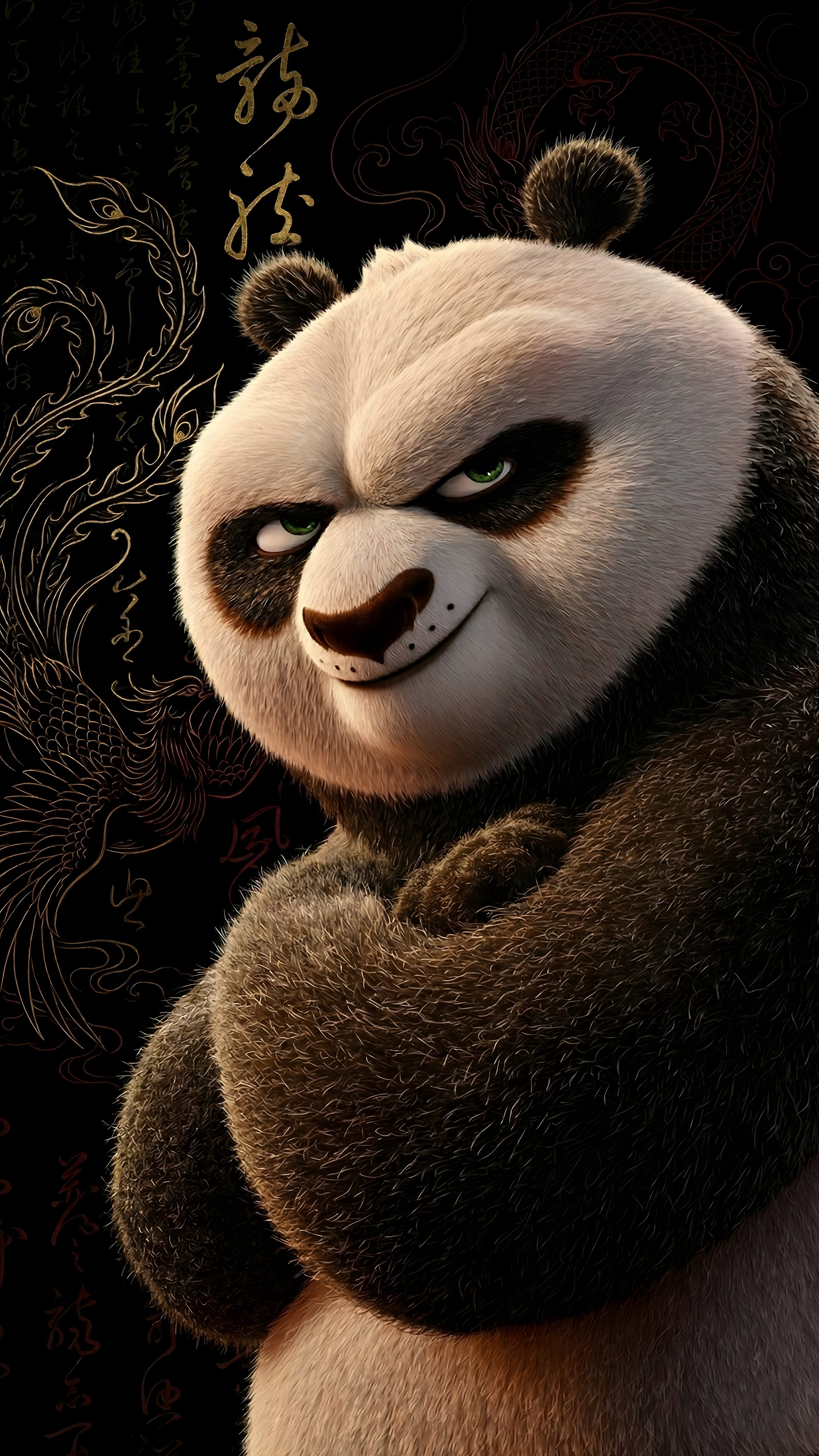 Download free 4K mobile wallpaper of Po from Kung Fu Panda with a confident smirk, featuring gold Chinese calligraphy and dragon art on a pitch-black AMOLED background.