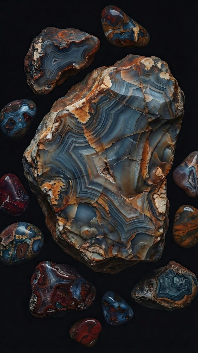 Highly detailed 4K digital macro photography of polished agate gemstones showing intricate blue and brown banding patterns against a pitch black background, optimized as cool black wallpaper art for phone.