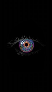 Psychedelic Colorful Eye AMOLED Wallpaper 4K, abstract digital art of a glowing trippy eye with colorful mandala patterns on a pitch-black dark background.