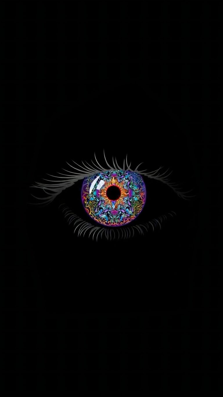 Highly detailed digital render of a psychedelic eye with vibrant kaleidoscopic colors in the iris against a pure pitch black background minimalist aesthetic 4K ultra HD mobile wallpaper