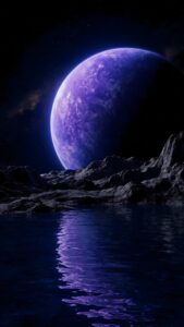 Highly detailed 4K digital render of a giant glowing purple planet in a starry night sky reflecting perfectly on dark water with rocky terrain, optimized as a cool black wallpaper art for phone.