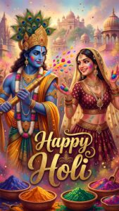 Radha Krishna Happy Holi Wallpaper 4K, beautiful divine digital art of Lord Krishna and Radha playing holi with a golden pichkari, colorful powder bowls, and majestic temples in the background.