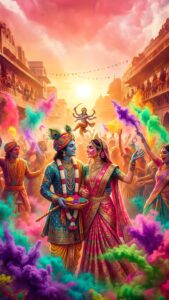 Radha Krishna Playing Dhuleti Holi Wallpaper 4K, vibrant digital art of Lord Krishna and Radha playing holi with flying colorful gulal powder in a crowded traditional street during sunset.