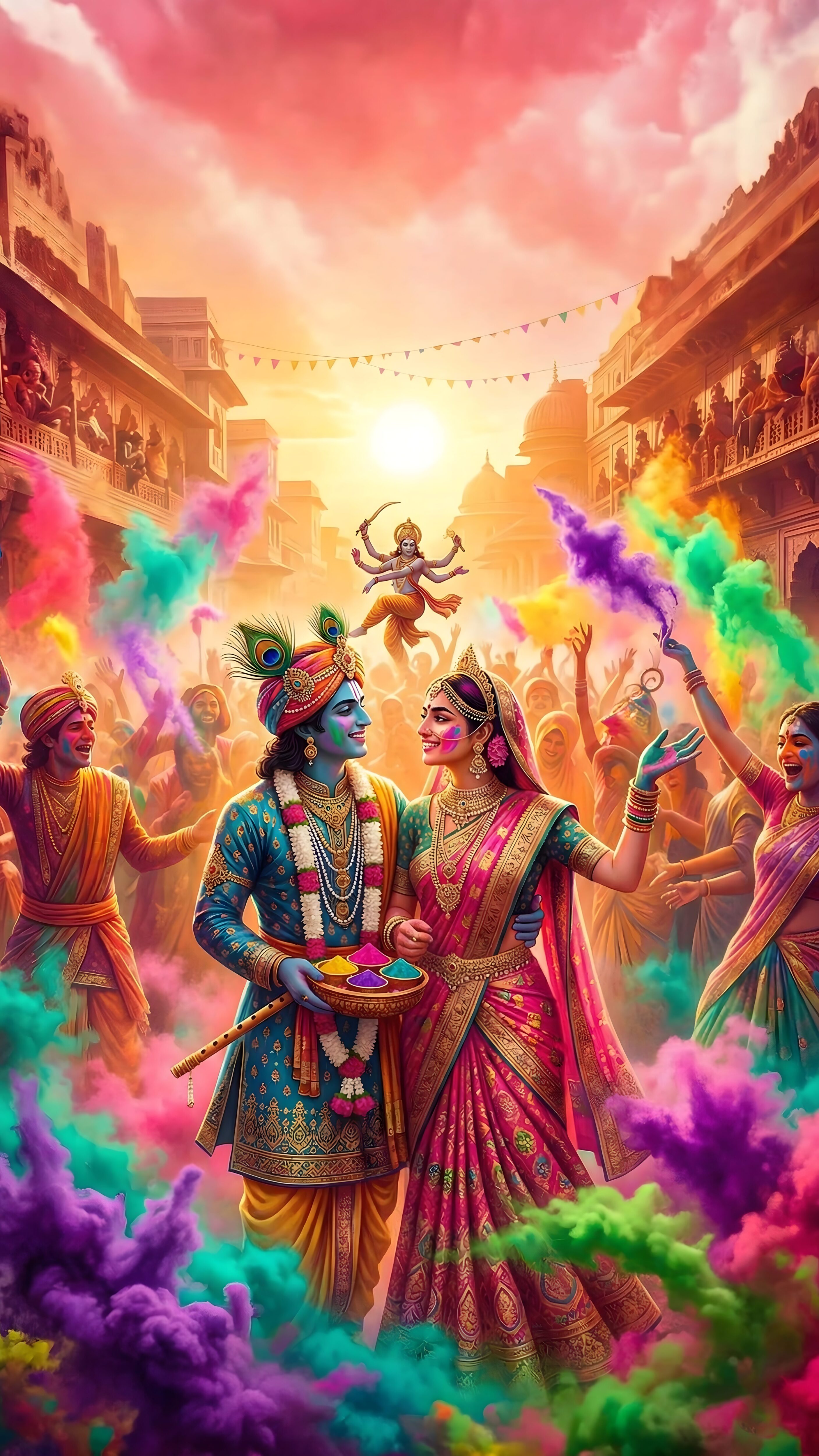 Radha Krishna Playing Dhuleti Holi Wallpaper 4K, vibrant digital art of Lord Krishna and Radha playing holi with flying colorful gulal powder in a crowded traditional street during sunset.