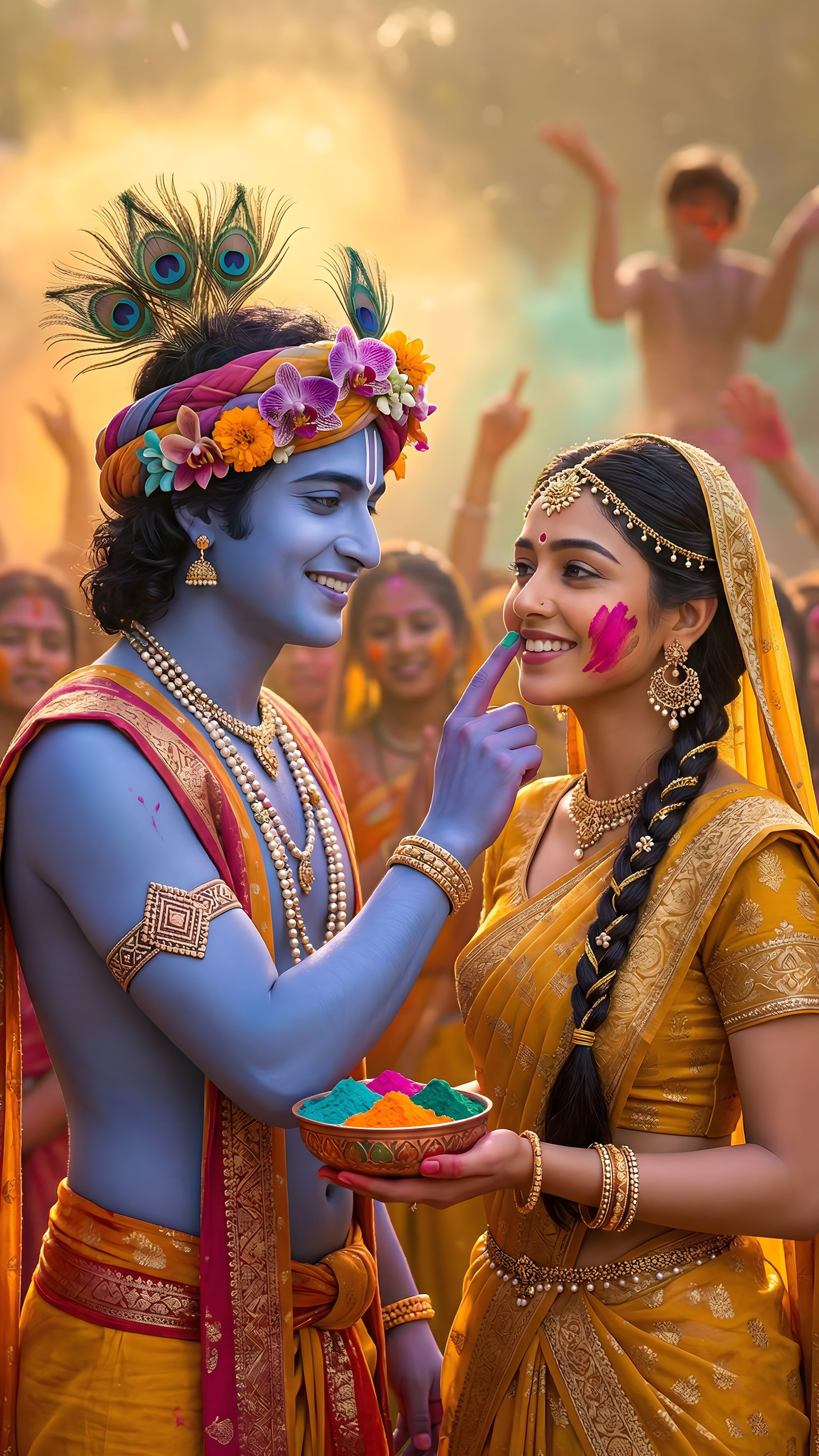 Radha Krishna Playing Holi Wallpaper 4K, realistic divine digital art of Lord Krishna and Radha smiling and playing holi with vibrant colors in a festive crowd.