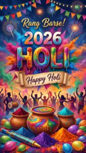 Rang Barse Happy Holi 2026 Wallpaper 4K, vibrant 3D typography of Holi 2026 with melting colors, fireworks in the night sky, silhouette of people dancing, and pots of colorful gulal powder.