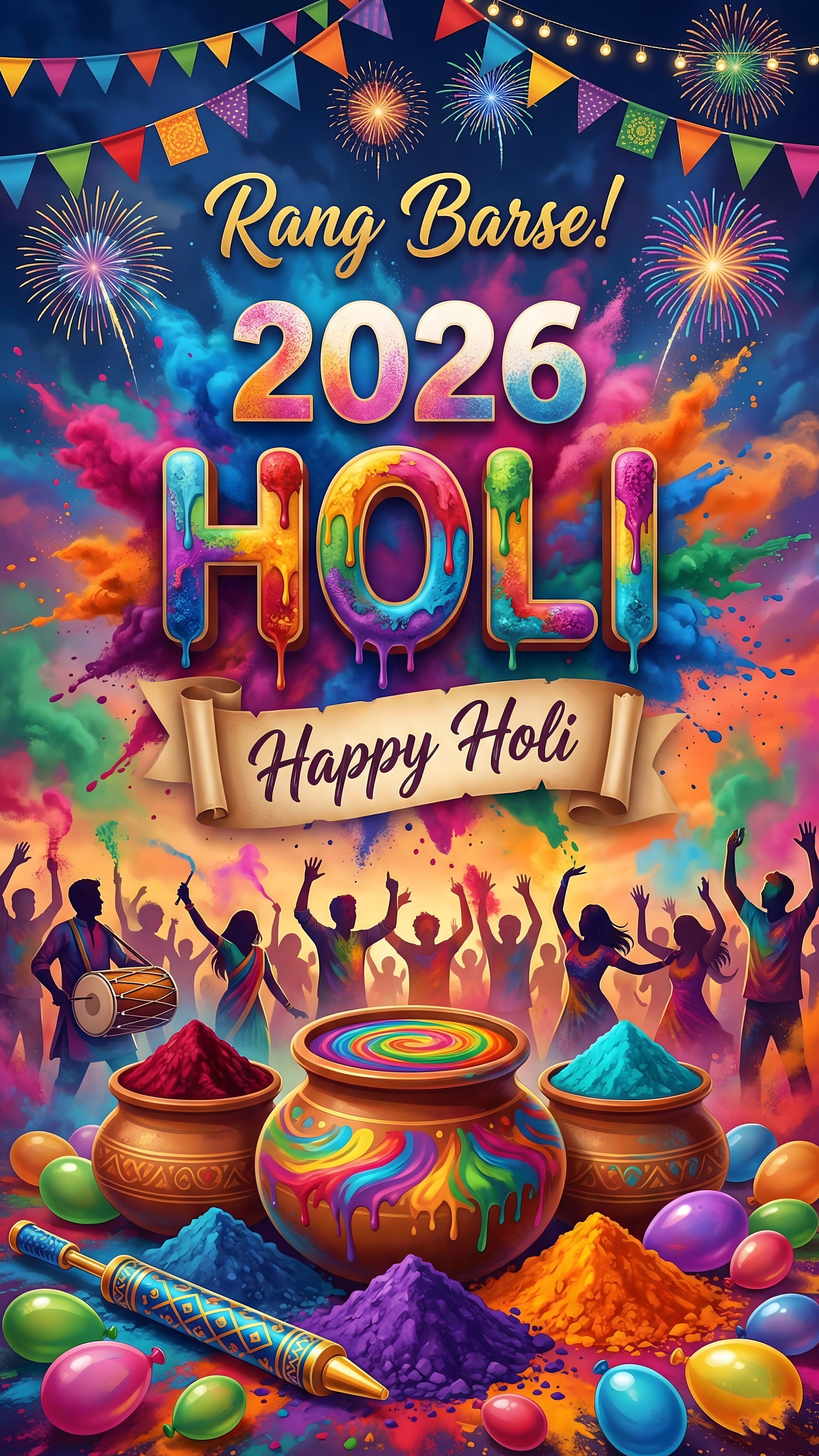 Rang Barse Happy Holi 2026 Wallpaper 4K, vibrant 3D typography of Holi 2026 with melting colors, fireworks in the night sky, silhouette of people dancing, and pots of colorful gulal powder.