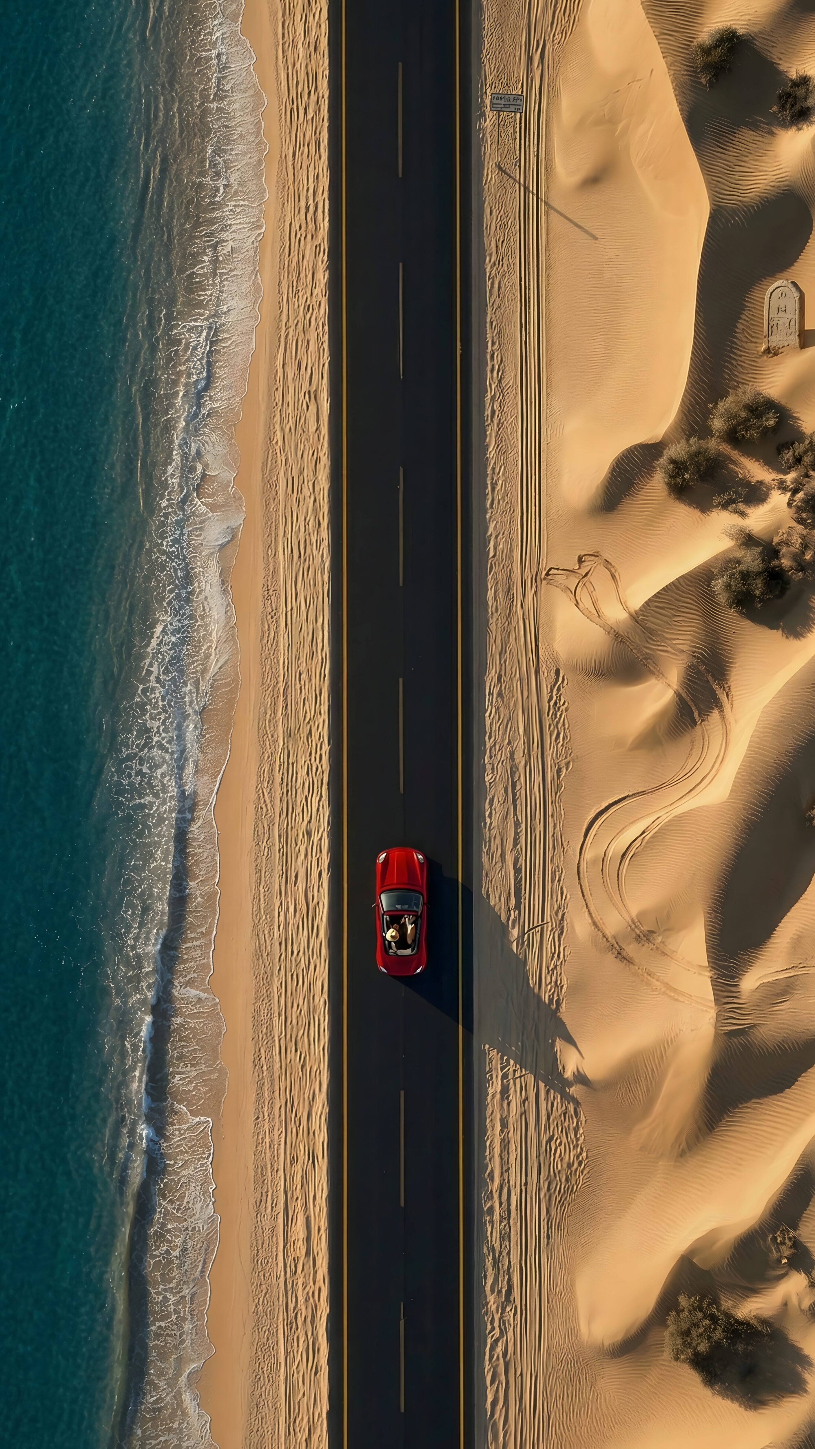 Highly detailed 4K aerial drone photography of a red convertible car driving on a straight road between a beautiful blue ocean beach and golden desert sand dunes, optimized as cool wallpaper art for phone.