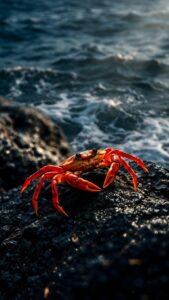 Highly detailed macro digital photography of a vibrant red crab resting on dark wet rocks against a blurred background of deep blue ocean waves high contrast wildlife aesthetic 4K ultra HD mobile wallpaper