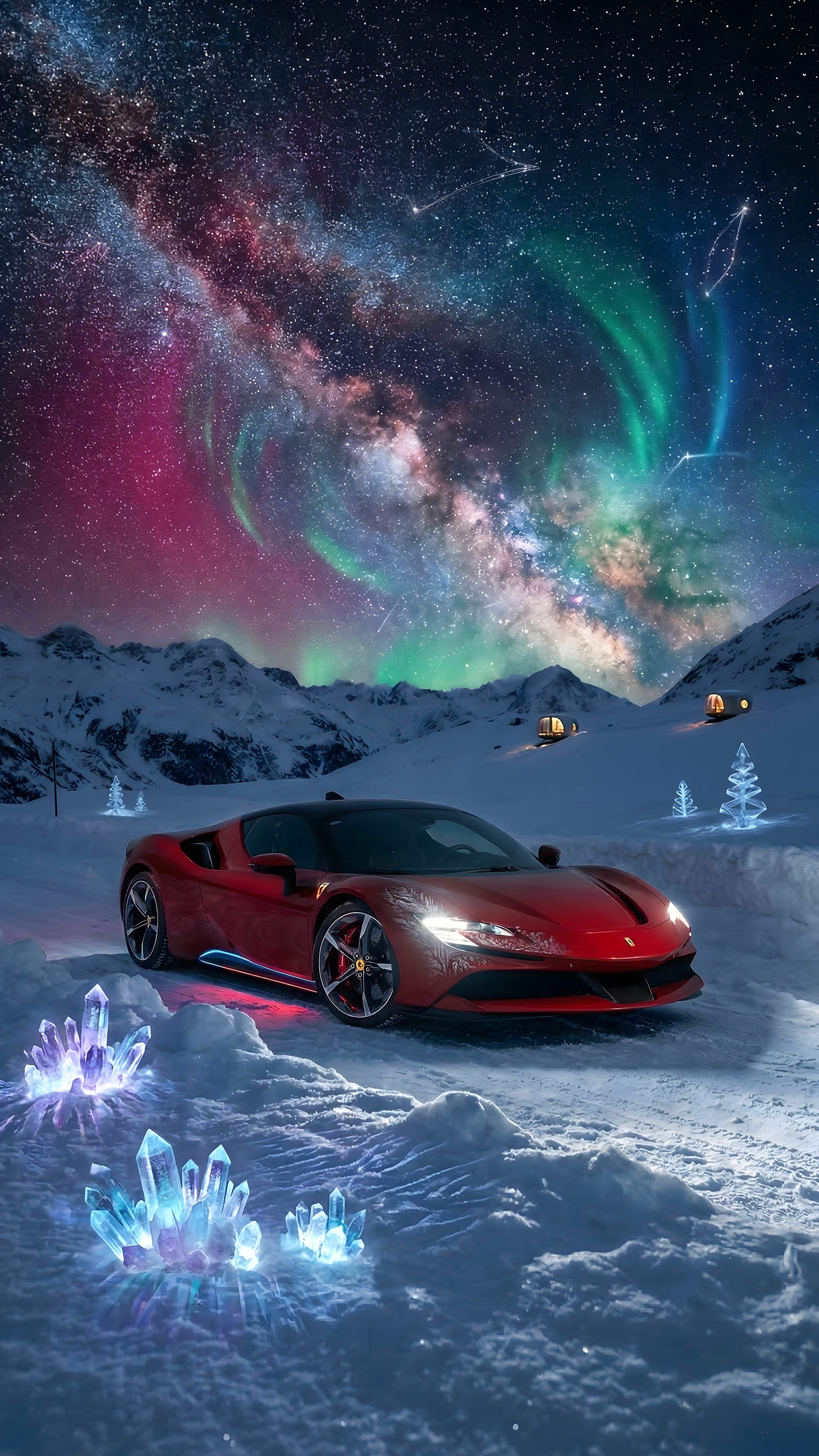 Highly detailed 4K wallpaper of a sleek red Ferrari parked in a snowy mountain landscape featuring glowing blue ice crystals, under a breathtaking night sky filled with the Milky Way and colorful Northern Lights.