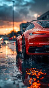 Download free 4K mobile wallpaper of a red Porsche 911 rear view on a wet city street at sunset with raindrop details and bokeh lights.
