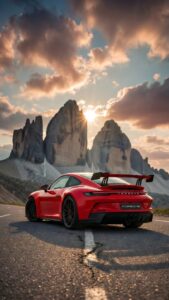 Red Porsche Mountain Sunset Wallpaper 4K, cinematic photography of a bright red Porsche 911 sports car parked on an empty alpine mountain road during a beautiful golden sunset.