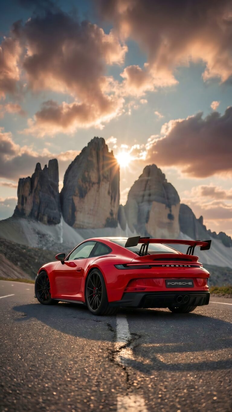 Highly detailed photography of a stunning red Porsche sports car parked on an asphalt road facing majestic mountains during a beautiful golden sunset cinematic travel aesthetic 4K ultra HD mobile wallpaper