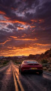 Red sports car driving on a desert highway towards a dramatic fiery sunset with wet road reflections aesthetic 4K ultra HD mobile wallpaper