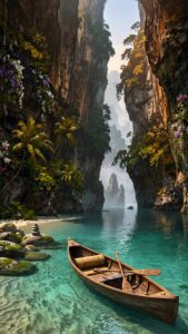 Highly detailed digital render of a peaceful tropical lagoon with a wooden boat on crystal clear turquoise water surrounded by lush green cliffs and flowers aesthetic 4K ultra HD mobile wallpaper