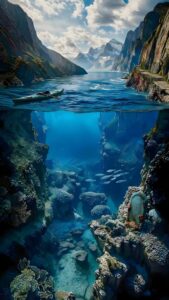 Highly detailed 4K split-view wallpaper showing a serene mountain lake with a kayak above the surface and a deep blue underwater canyon full of fish and coral below. Perfect for iOS depth effect lock screens.