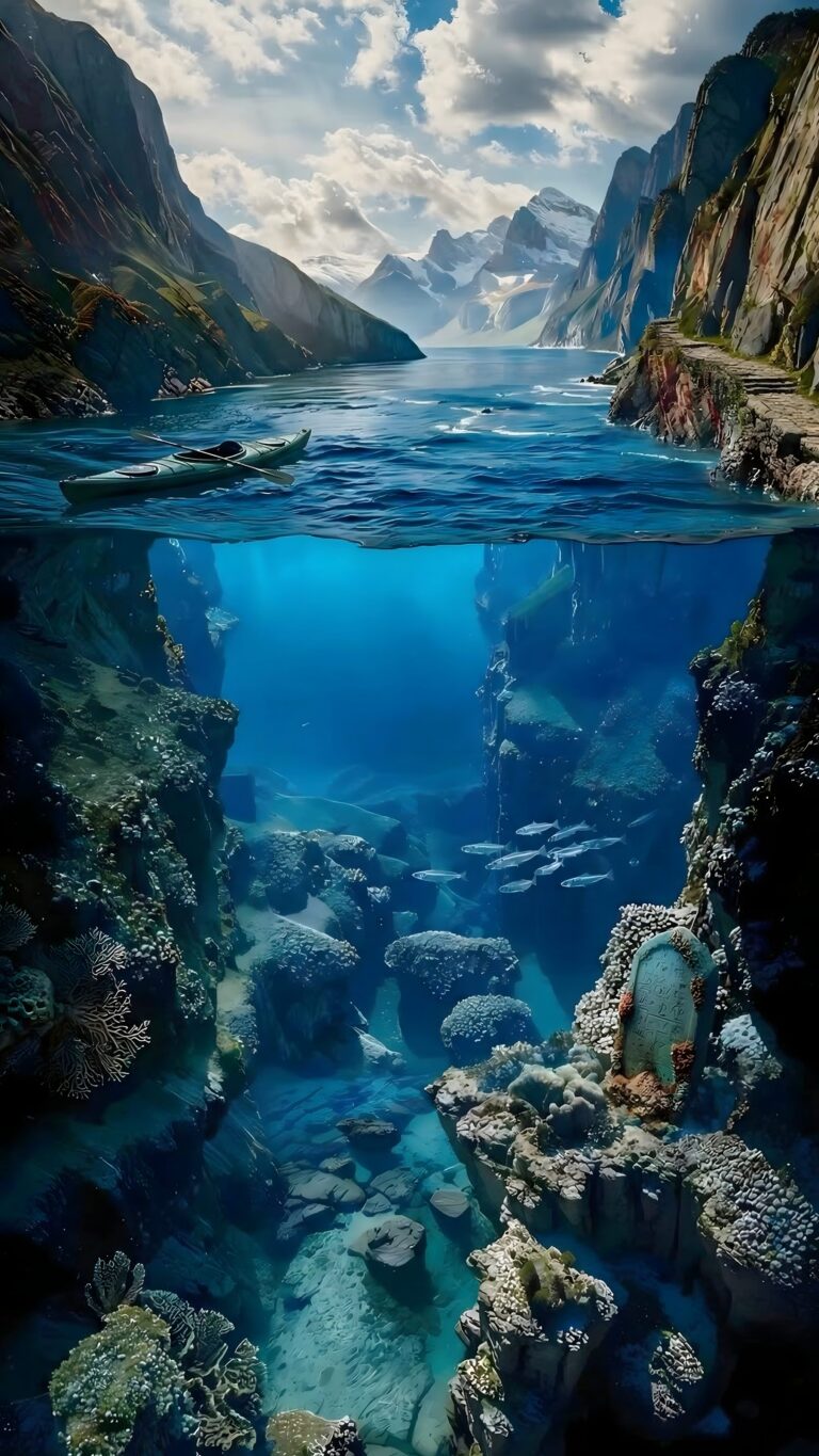 Highly detailed 4K split-view wallpaper showing a serene mountain lake with a kayak above the surface and a deep blue underwater canyon full of fish and coral below. Perfect for iOS depth effect lock screens.