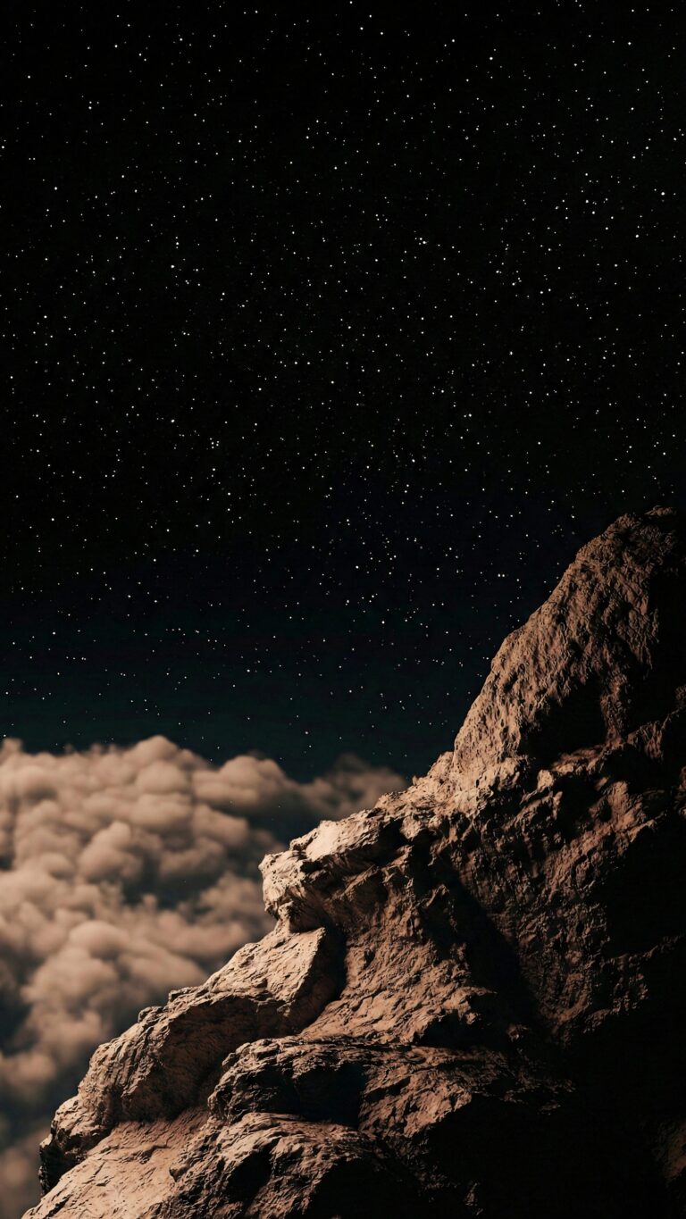 Highly detailed digital render of a rugged rocky mountain peak above a sea of thick clouds looking into a vast infinite pitch black starry night sky space aesthetic 4K ultra HD mobile wallpaper