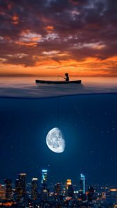 Highly detailed surreal digital artwork of a split screen showing a silhouetted man fishing in a boat during a fiery sunset above and catching a glowing moon in a dark starry night sky over an illuminated city skyline below aesthetic 4K ultra HD mobile wallpaper