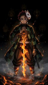 Download free 4K dark anime background featuring a fierce anime swordsman with a fox mask holding a glowing flaming sword in a dark pitch-black setting.