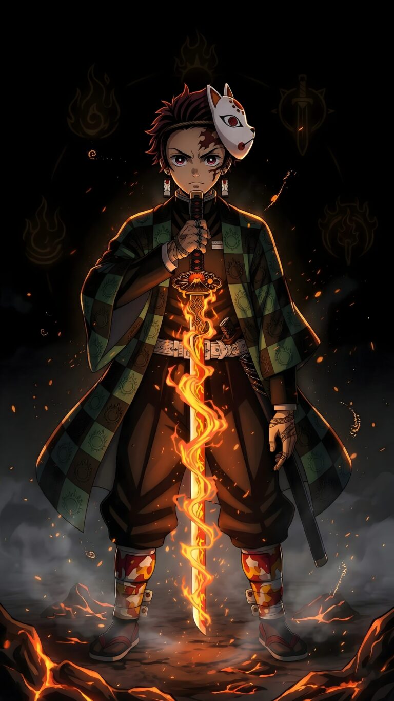 Download free 4K dark anime background featuring a fierce anime swordsman with a fox mask holding a glowing flaming sword in a dark pitch-black setting.