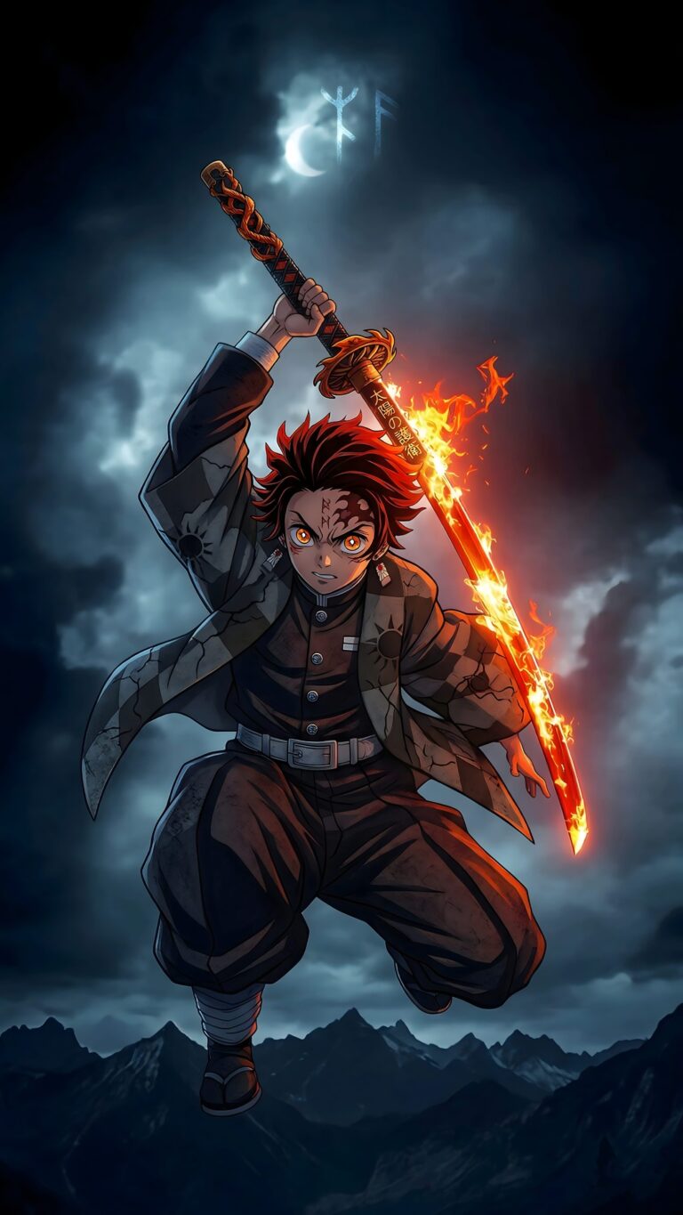 Highly detailed 4K anime wallpaper featuring Tanjiro Kamado holding a glowing flaming sword mid-air against a dark night sky, moon, and mountains.
