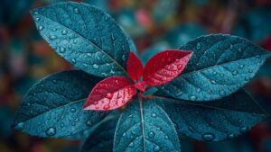 Highly detailed macro photography of deep teal blue leaves contrasting with vibrant red center leaves covered in morning dew water droplets aesthetic nature 4K ultra HD PC desktop wallpaper