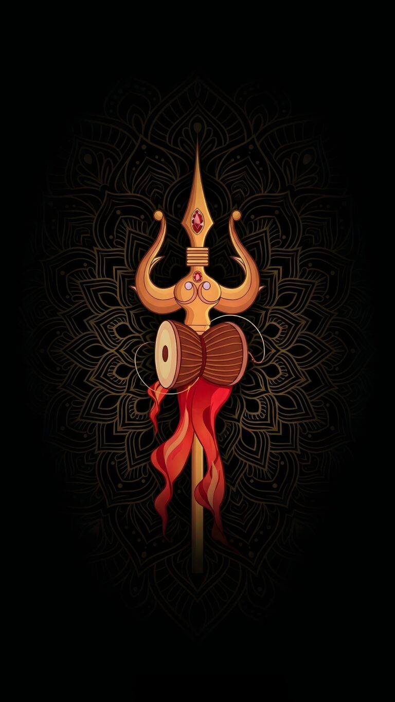Highly detailed digital art of a sacred golden Trishul and Damaru tied with a red cloth against a dark background with an intricate golden mandala pattern aesthetic 4K ultra HD mobile wallpaper
