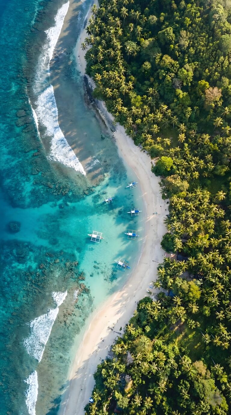 Highly detailed aerial drone photography of a breathtaking tropical beach with vibrant turquoise blue water crashing on white sand next to lush green palm trees aesthetic 4K ultra HD mobile wallpaper