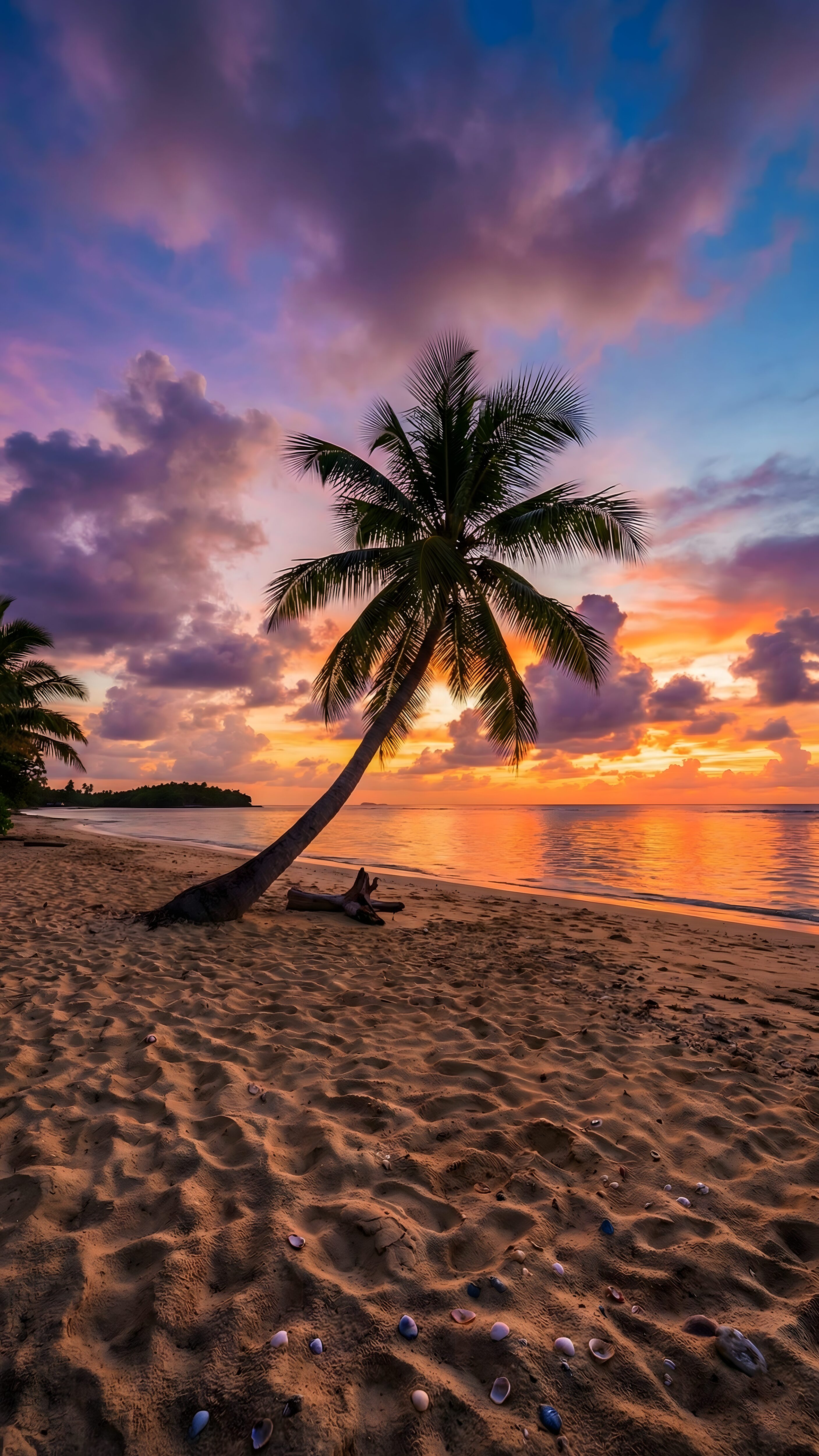 Tropical Beach Sunset Palm Tree Aesthetic 4K Wallpaper