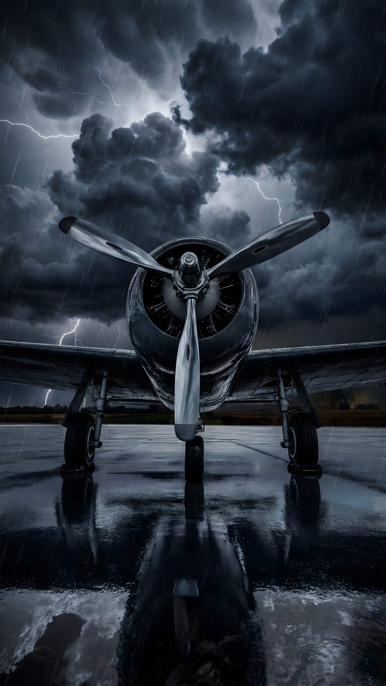 Highly detailed 4K digital art rendering of a vintage propeller airplane parked on a wet runway reflecting the aircraft, set against a dark, moody sky with intense dramatic lightning and a thunderstorm. It is not a real photograph but a high-quality visual art piece optimized as a cool airplane wallpaper for phone.