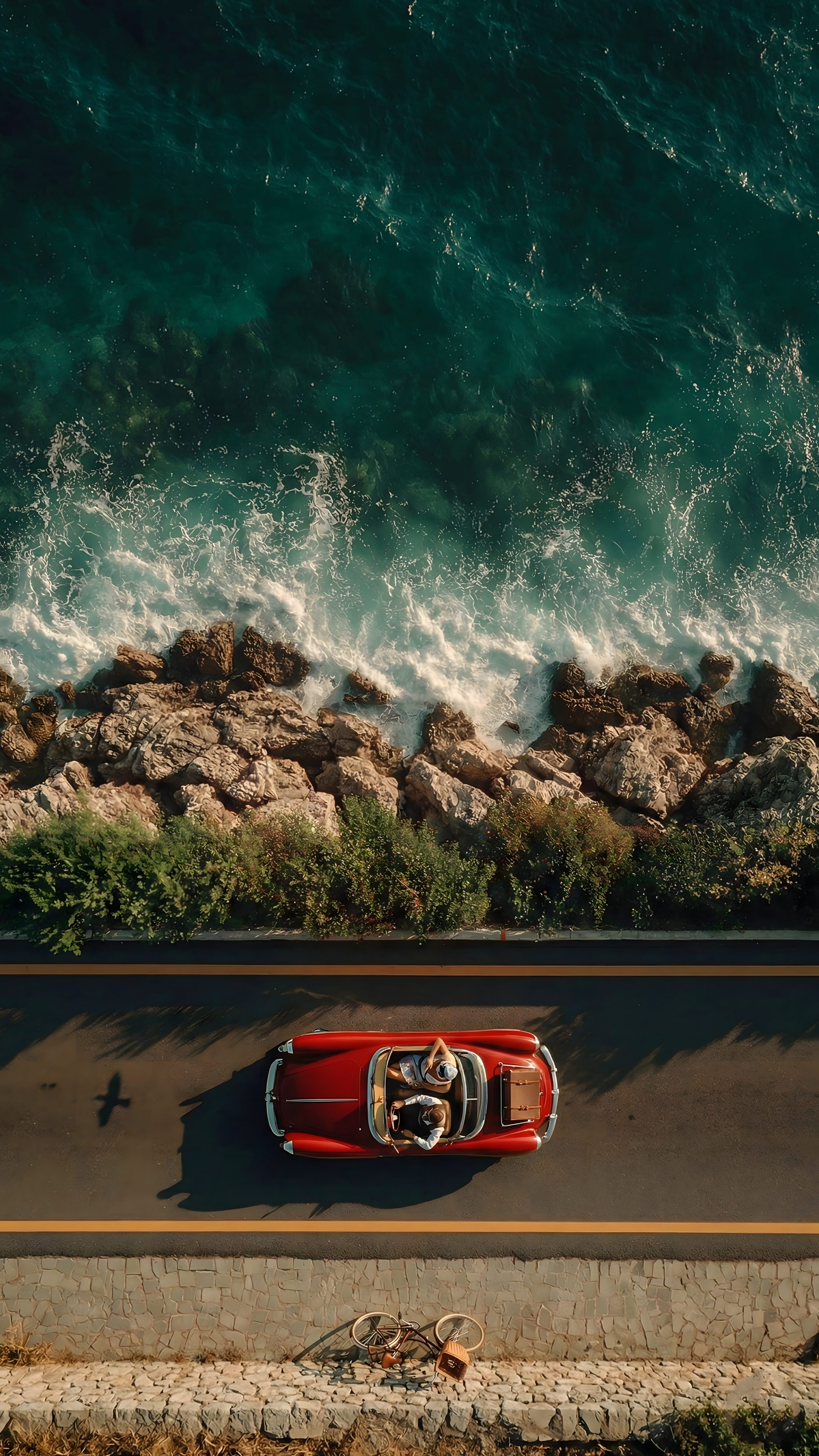 Download free 4K mobile wallpaper of an aerial top-down view featuring a classic red convertible car driving on a coastal road next to beautiful turquoise ocean waves