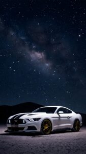 Highly detailed 4K digital art rendering of a white Ford Mustang muscle car featuring black racing stripes and custom gold wheels. It is parked on a dry, cracked desert floor under a breathtaking starry night sky showcasing the Milky Way. It is a high-quality visual art piece optimized as a cool Mustang wallpaper for phone.