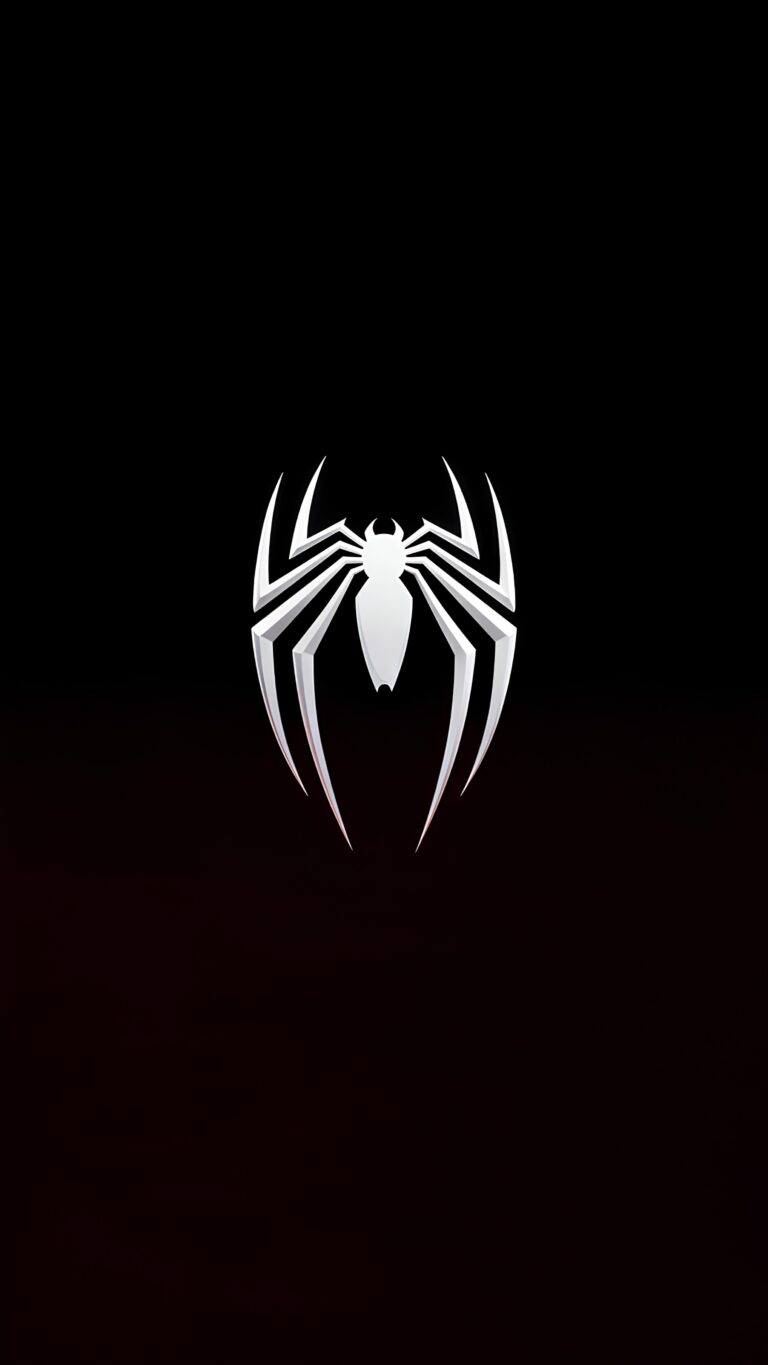 Download free 4K mobile wallpaper featuring a sleek white spider logo centered on a pure pitch-black AMOLED background for a clean, minimalist superhero aesthetic.