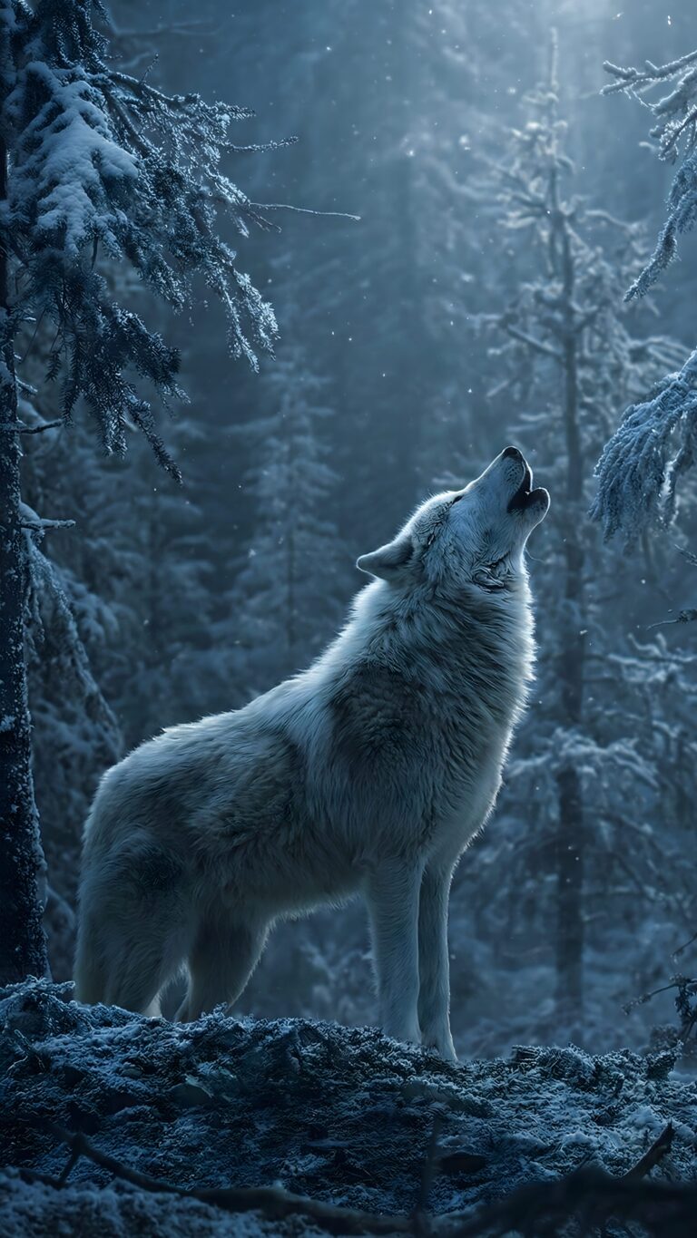 Highly detailed digital render of a majestic white wolf howling in a dark moody snowy winter forest surrounded by frosted trees aesthetic 4K ultra HD mobile wallpaper