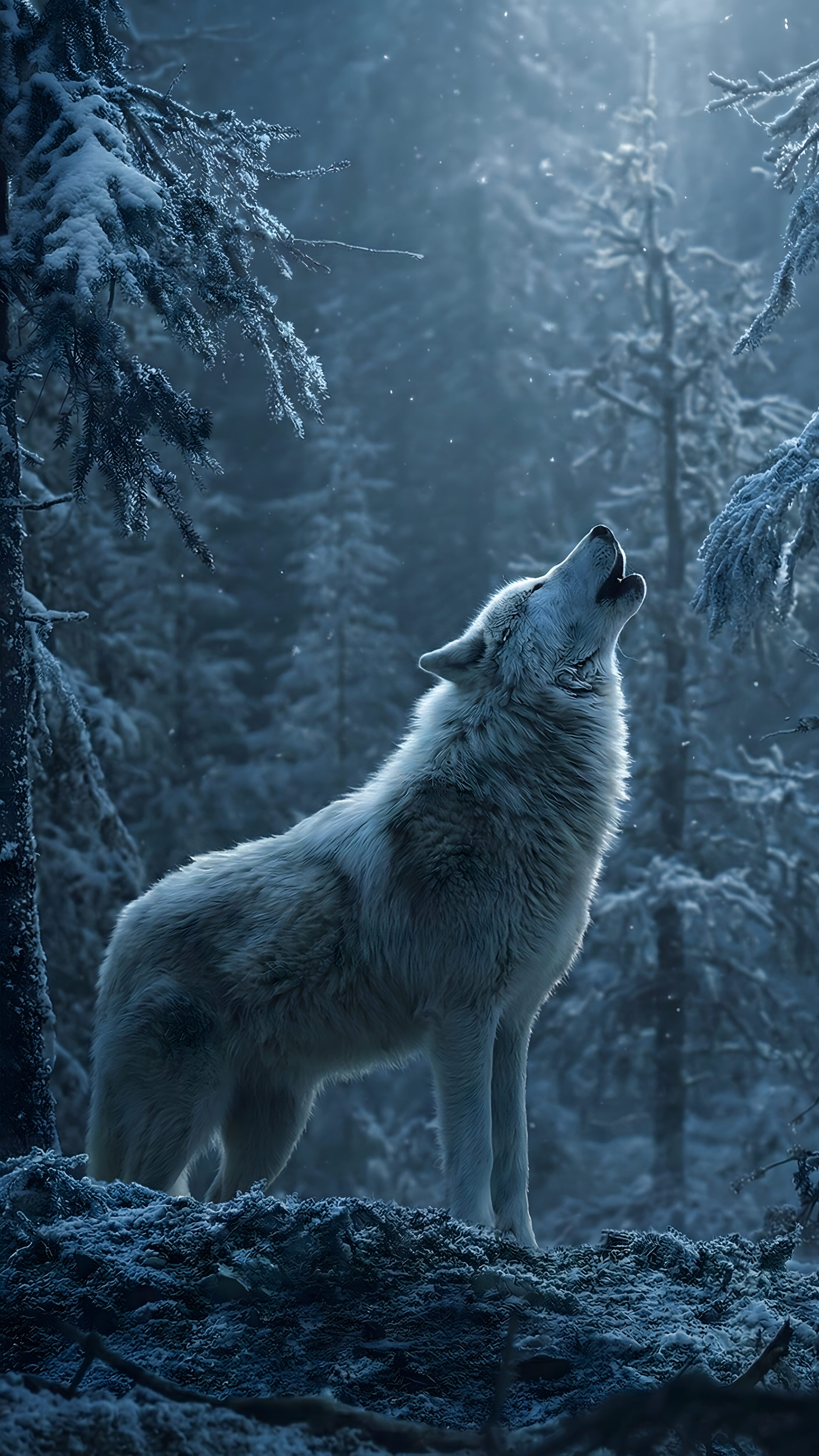 White Wolf Howling Snowy Forest Wallpaper 4K, cinematic digital art of a majestic white arctic wolf howling in a dark winter pine forest with falling snow and moonlight.
