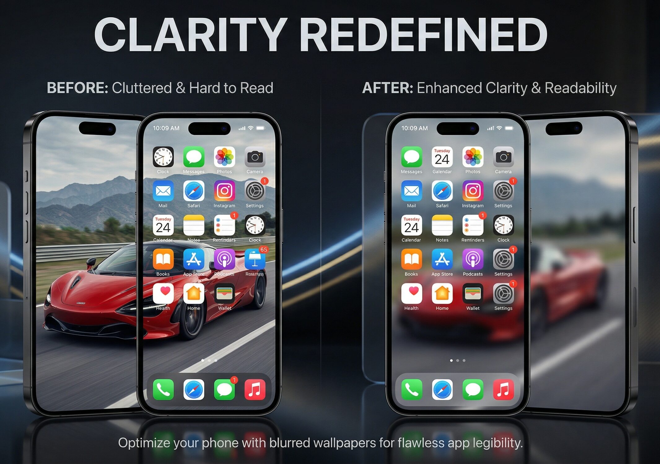 Home screen app icons with normal vs blurred wallpaper comparison