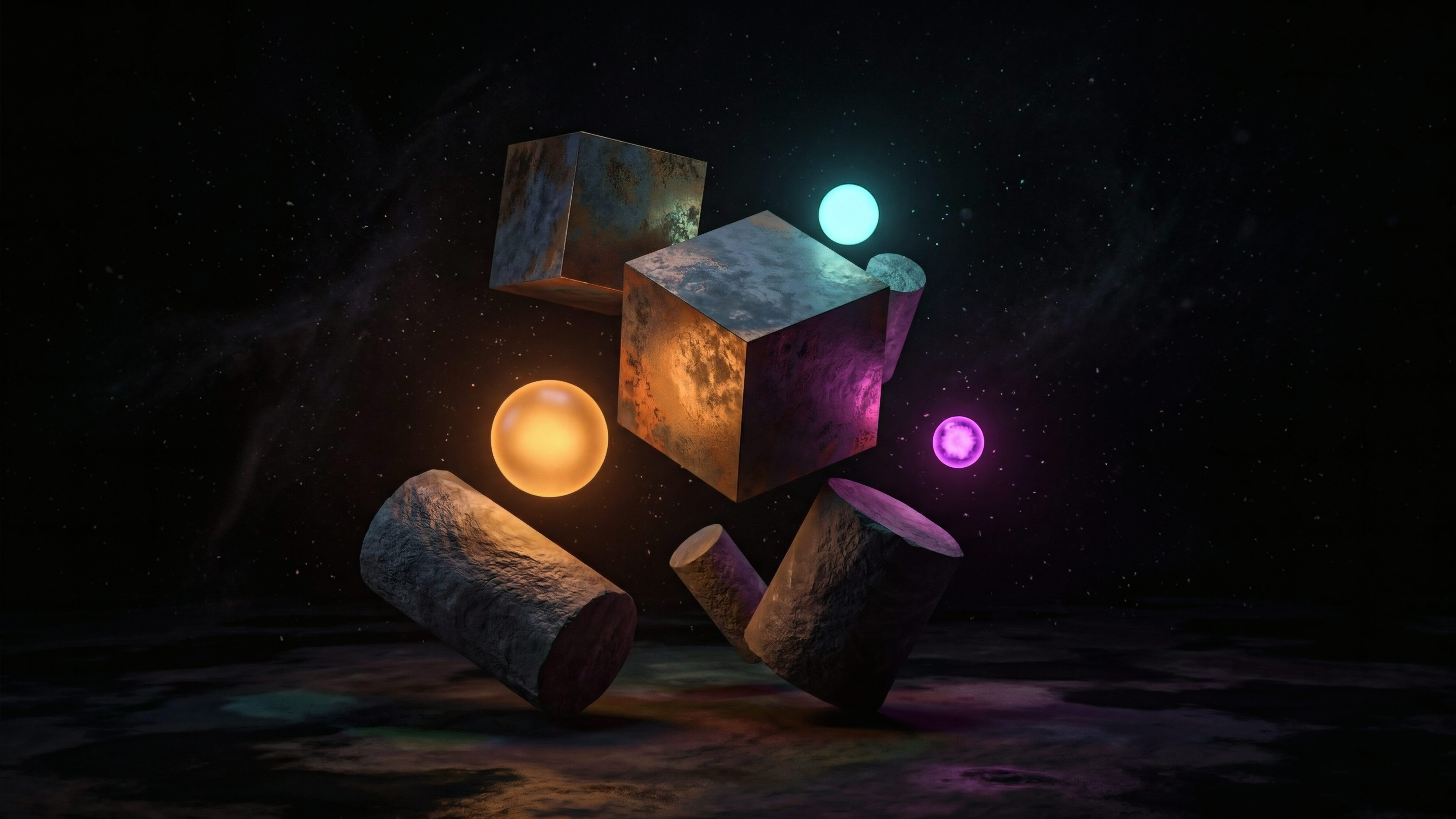 A 4K high-resolution 3D abstract wallpaper featuring metallic cubes and cylinders floating with orange and purple glowing spheres in a dark space.